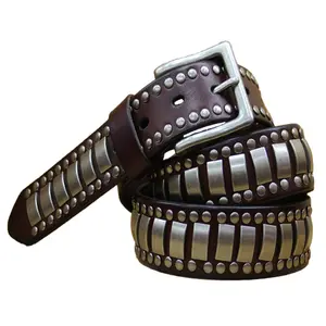 Cintura da uomo in metallo occidentale borchiata stile punk all'ingrosso 3.8cm 1.5 "in lega di zinco fibbia primo strato vera pelle di mucca cintura in pelle