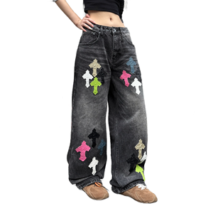 YUANBOFEI <span class=keywords><strong>Jeans</strong></span> Personalizzati da <span class=keywords><strong>Donna</strong></span>, Stile Vintage Lavato con Stampa a Croce Bianca e Nera, Versatili e Super Comodi per lo Streetwear - Product Image 2