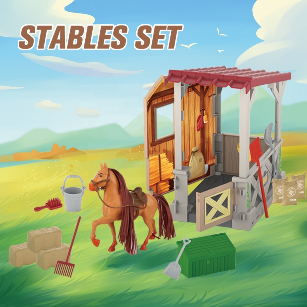 Ensemble de jeu d'écurie de chevaux avec clôture, grange, stalles et figurines d'animaux, collection de figurines d'animaux pour enfants, jeu de rôle de ferme et de ranch Ensemble de jeu d'écurie de chevaux avec clôture, grange, stalles et figurines d'animaux, collection de figurines d'animaux pour enfants, jeu de rôle de ferme et de ranch