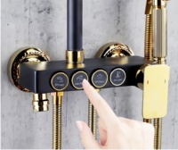 Nouveau système de douche thermostatique carré en acier inoxydable avec jet pluie, barre coulissante, mitigeur de baignoire noir et or, robinet de salle de bain chaud/froid