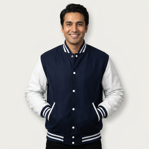 Customized <b>Men's</b> Navy Blue Varsity <b>Jacket</b> <b>White</b> Leather Sleeves Plain Casual Sports CollegeBaseballjacket for <b>men</b> - Product Image 1
