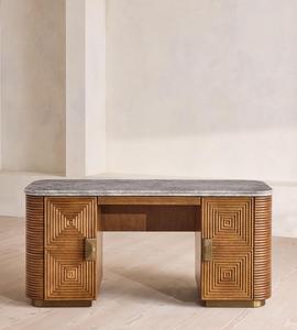 Custom Carved Wood Writing <b>Desk</b>, Natural Marble Top Office <b>Desk</b> with <b>Storage</b> Cabinet, Brass Base Luxury Home Office <b>Desk</b> - Product Image 3