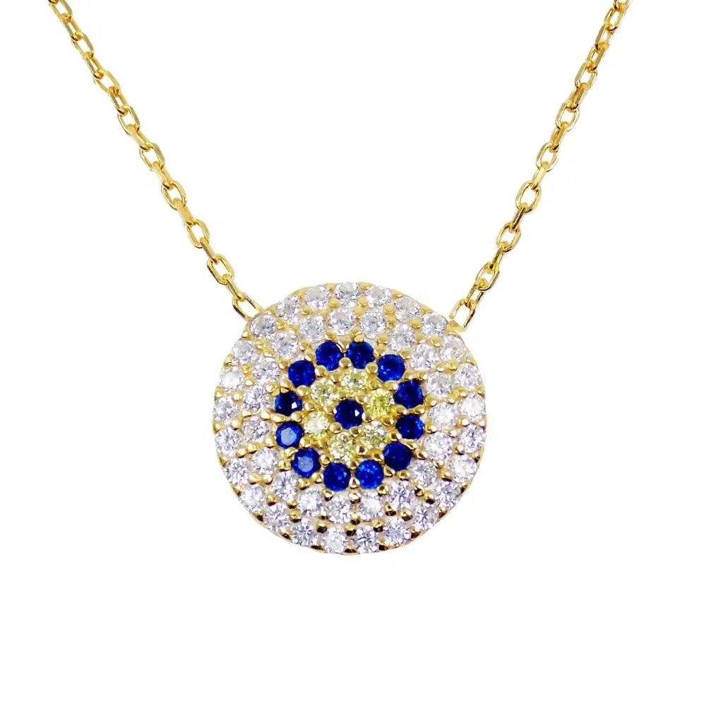 Fashion 925 Sterling Silver Jewelry Turkish Lucky Charm Hamsa Eye Pendant Necklace With Cubic Zircon Diamond
