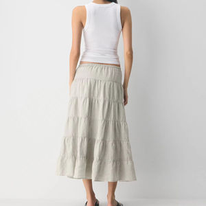 Jupe midi à volants en lin kaki clair avec cordon de serrage, style décontracté d'été - Product Image 3