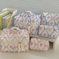 Tas Kosmetik Kapas Geometris Motif Bunga dengan Ritsleting Gaya Eropa Kapasitas Besar, Tas Penyimpanan Berlapis, Tas Jinjing Lembut Portabel