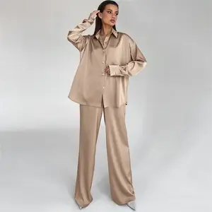 Best Sale Women's Co Ords Suits Casual 2 Piece Wide Leg Pants and Long Sleeve Shirts Sets Soild Color Silk Two Piece Set Women