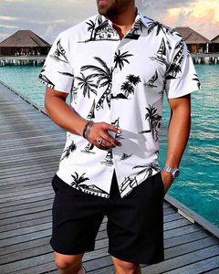 Conjunto de 2 Piezas para Hombre, Camisa de Manga Corta con Estampado Floral/Tropical, Pantalones Cortos con Cintura <span class=keywords><strong>El</strong></span>ástica, Traje para Vacaciones en la Playa o Crucero - Product Image 2