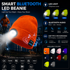 Bonnet LED Bluetooth tricoté chaud avec <span class=keywords><strong>lampe</strong></span> frontale ovale, revers pliable, en acrylique doux pour adulte, idéal pour le cyclisme, la course et la randonnée - Product Image 1