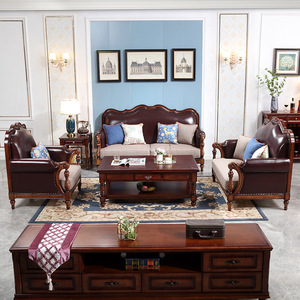 American Style Solid Wood Sofa Set Genuine Leather Living Room Furniture Combination Brown Coffee Table Set - Product Image 2