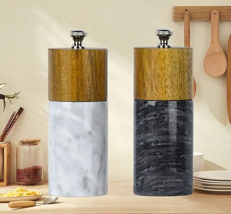 Customized Kitchen Accessories Salt and Pepper Shaker Mills Set Manual Spice Machine Marble Wood Pepper Mill Grinder