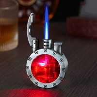Briquet à gaz vintage coupe-vent avec fenêtre transparente, flamme bleue, en métal, avec lumières LED, idéal pour un cadeau