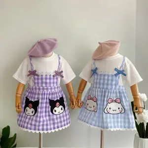 Vestido para niñas, novedad de verano 2023, vestido de princesa de manga corta con tirantes de dibujos animados frescos pequeños a cuadros para bebés