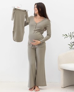 Ensemble pyjama de maternité 3 pièces respirant à col en V <span class=keywords><strong>et</strong></span> fermeture boutonnée, manches longues, pantalon, couleur naturelle, coupe classique - Product Image 2