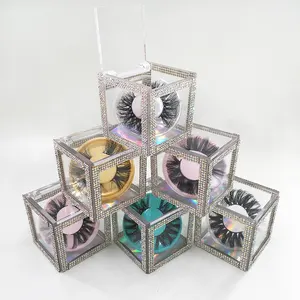 2024 New Style Custom Lash Packaging Rhinestone Clear Cube Diamond Lash Boxes with 25mm 3D 5D Mink Eyelashes