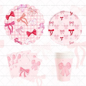 ชุดจานกระดาษลายโบว์ดีไซน์ใหม่ DAMAI สีชมพู จานกระดาษแบบใช้แล้วทิ้งสำหรับงานวันเกิดเด็กผู้หญิง ผ้าปูโต๊ะสำหรับงานอีเว้นท์ - Product Image 3