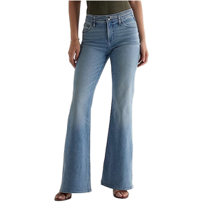 Jeans de Cintura Media con Corte Acampanado para Mujer, Lavado Medio, Estilo Casual, Largos, Estilo Vintage, Azul Claro, Algodón Transpirable, Pantalones Sólidos - Product Image 1