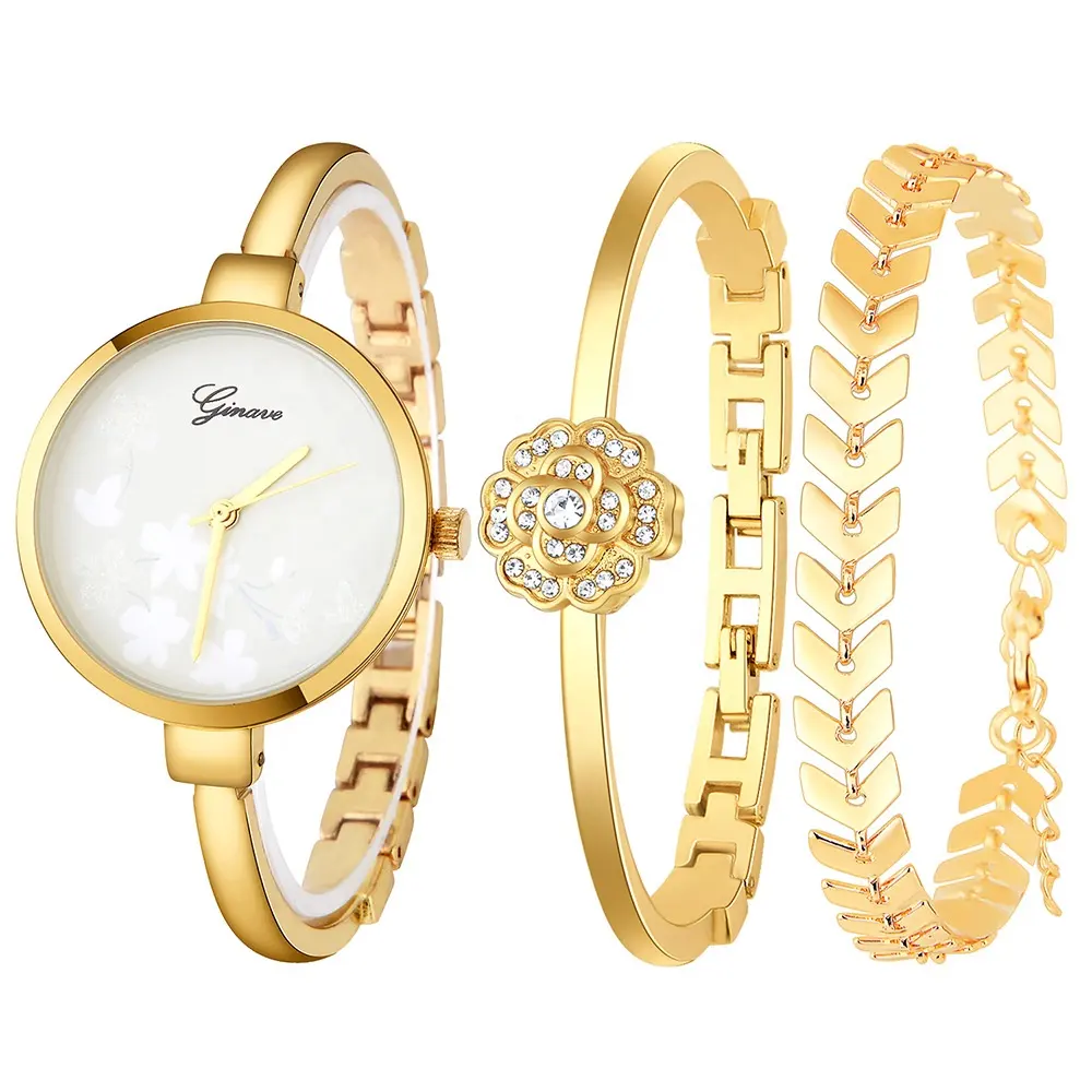 Orologio da donna al quarzo in oro rosa Set regalo orologio da donna con stampa floreale Set di orologi e braccialetti da donna Reloj De Pulsera