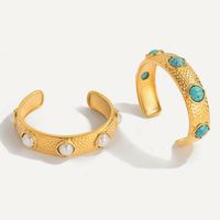 Gelang J&D Vintage Lapis Emas 18K Rantai Baja Anti Karat Motif Palu Terbuka Unisex Trendi Turquoise Modis