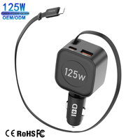 Chargeur de voiture rapide 125W PD PPS SCP avec tête rotative à 360 degrés, câble Type-C rétractable intégré, résistant au feu, pour montres intelligentes et téléphones