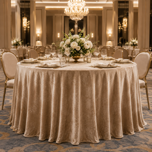 Wholesale Champagne Beige Premium Velvet Round Tablecloth for Hotel Ballroom Wedding Banquet Rental - Product Image 1