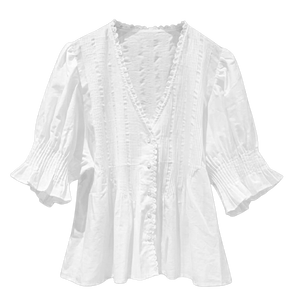 Blus atasan wanita bergaya boho kasual berbahan linen katun putih hitam, model kerut vintage, kerah V, lengan mengembung, kancing, dan detail pintuck, pesanan OEM. - Product Image 2