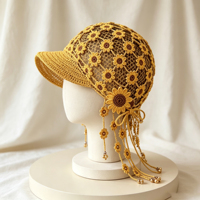Casquette de baseball personnalisée en crochet ajouré motif tournesol, tricotée à la machine et au crochet à la main, vente en gros