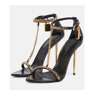 Sandales à talons hauts pour femmes - Or, à bride cheville, bout ouvert, chaîne métallique, bout pointu - Product Image 2