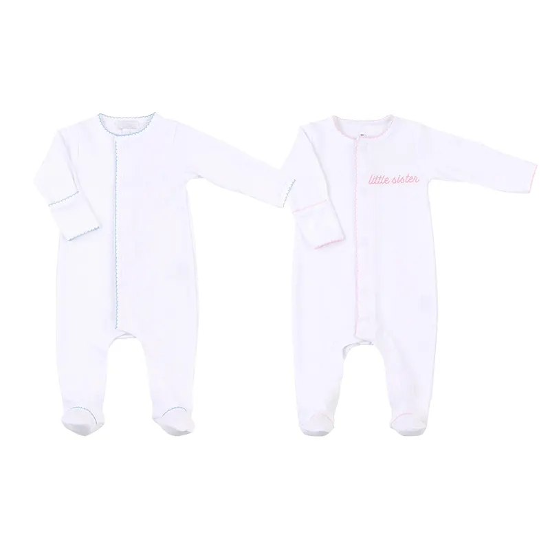 Macacão de algodão com monograma para bebês meninos e meninas, macacão de manga comprida com acabamento em picot, roupa infantil para meninos e meninas, roupa para voltar para casa