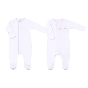 Monogramme coton bébé garçon fille footie barboteuse à manches longues picot garniture enfants bambin filles garçons venir à la maison tenue