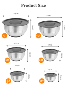 Ensemble de bols mélangeurs modernes en acier inoxydable poli de 1 à 5 QT, multi-tailles, écologiques, avec couvercles hermétiques, compatibles lave-vaisselle, pour la cuisine et la pâtisserie, pour fruits - Product Image 5