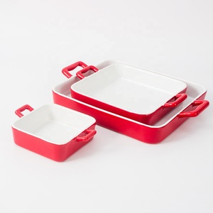 Factory Custom Microwave Safe Stoneware Bread Cake Spaghetti Bakery Dish Ceramic square Rectangular <strong>Baking</strong> <strong>Tray</strong> <strong>Set</strong> With Handles - Product Image 3
