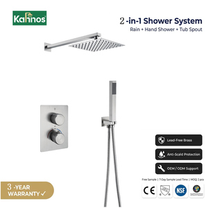 Sistema de ducha oculto pulido de 3 funciones con grifos de pie, cabezal de lluvia cuadrado, caño de bañera y ducha de mano de pared, de latón - Product Image 1