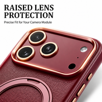 Funda de Teléfono de Lujo Ruite con Soporte de Aleación de Aluminio y Cuero para iPhone 17 18 Pro Max, Succión Magnética N52, Híbrida de TPU y PC, Antigolpes