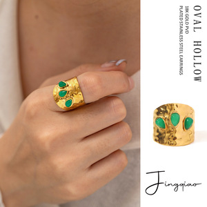 European American Style Ring With 3 Natural Malaysian Jade Stones Bezel Setting Geometric Shape Unisex Party Jewelry - Product Image 2