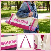 Set Tas Penyimpanan Mah Jongg Kanvas Besar, Hijau Krem, Cetakan MAHJONG, Tali Tikar Gulung, Saku Resleting Belakang, 28 Inci