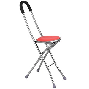 Stainless Steel <b>Folding</b> Cane <b>Stool</b> Red Seat Lightweight Walking Aid Chair With Rubber Tips For Elderly Support - Product Image 1