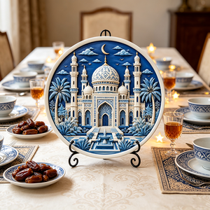 Plaque murale islamique personnalisée en résine, forme ronde, impression UV 3D, mosquée, croissant de lune, ciel nocturne, fontaine, bleu, blanc, ornement, OEM, en gros - Product Image 6