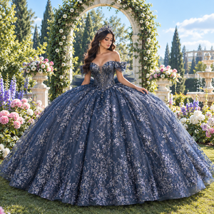 Xybb06-Pz Dusty Blue Quinceanera <b>Ball</b> Gown Silver Embroidery Corset <b>Glitter</b> Chiffon Natural Vintage Formal Evening Party - Product Image 1