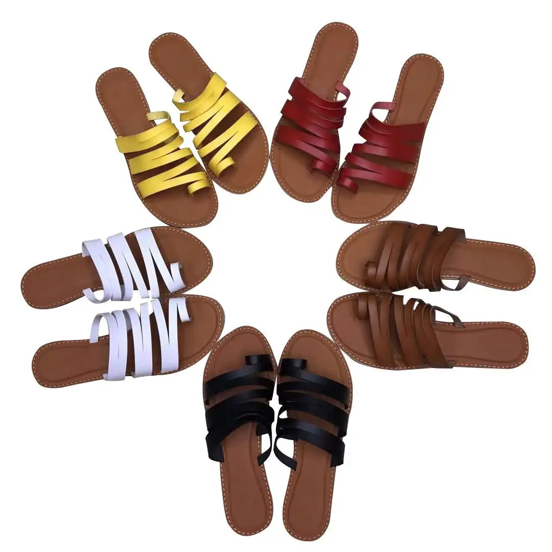 SD-08 2020 New Design Summer Beach Comfortable Slippers for Women Flat open Toe Roman PU leather Strap Shoes