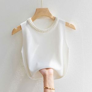 Chaleco de mujer blanco sin mangas con cuentas, top de punto para primavera y otoño, capa interior con blazer corto, camisola frontal. - Product Image 3