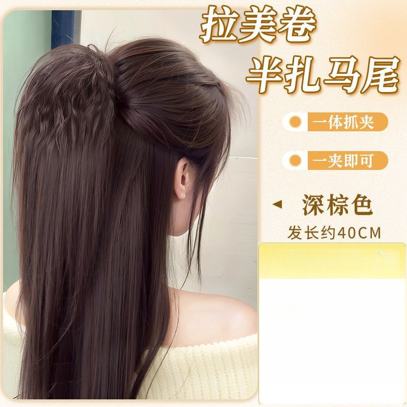 Queue de cheval haute améliorée avec torsades et boucles réalisées à la main [Brun Foncé]