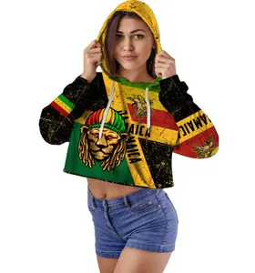 Hoodie Crop khusus bendera Jamaika murah Lion and Judah Hoodie Crop berat Hoodie Crop lengan panjang atasan Crop Gym Yoga