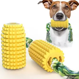 Eco-friendly Puppy TPR Corn Toothbrush Toy Teeth Cleaning Rod Toys Chewing Stick with Cotton Rope