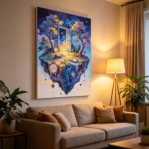 Dipinto a Olio Surrealista Paesaggio Onirico, Isola Fluttuante con Porta e Orologi, <span class=keywords><strong>Arte</strong></span> Murale per Arredamento Moderno - Product Image 2