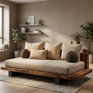 Sofá Cama Seccional de Madera Contemporáneo Minimalista, Tapizado en Tela, con Cojines, sin Respaldo ni Brazos, para Sala de Estar - Product Image 2
