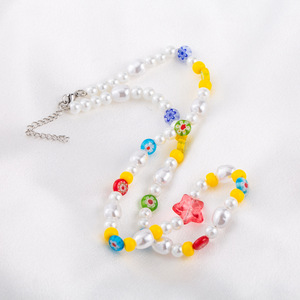 yunnique Japanese Korean Style <b>Sweet</b> Bohemian Imitation Pearl Beaded Necklace With <b>Flower</b> Pattern For Men And Women - Product Image 3