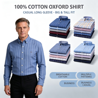 Kemeja Kancing Depan, Pria 100% Katun Oxford Motif Kotak-kotak, Kemeja Lengan Panjang Ukuran Besar untuk Kantor, Santai Sehari-hari