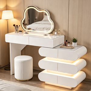 Coiffeuse moderne blanche avec miroir LED, meuble de rangement et tabouret pour chambre à coucher - Product Image 3