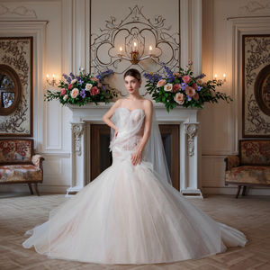 Elegant Strapless Mermaid <strong>Wedding</strong> <strong>Dress</strong> Modern Sweetheart Intricate Embroidered Sequined Bodice Voluminous <strong>Ombre</strong> Flowers Ruffles - Product Image 6