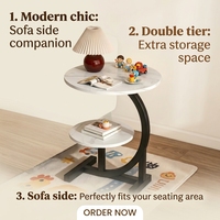 Table basse ronde moderne, portable et durable, avec rangement, table d'appoint compacte à double niveau, structure en acier carbone et plateau en bois